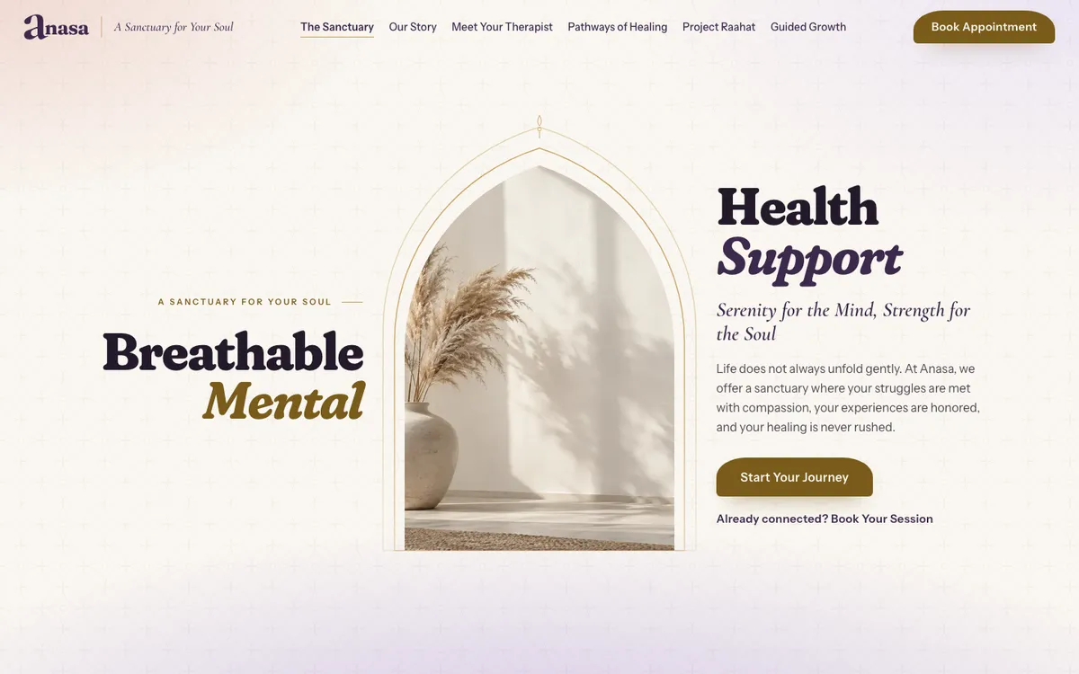 Anasa home page: Breathable Mental Health Support beside an arched alcove