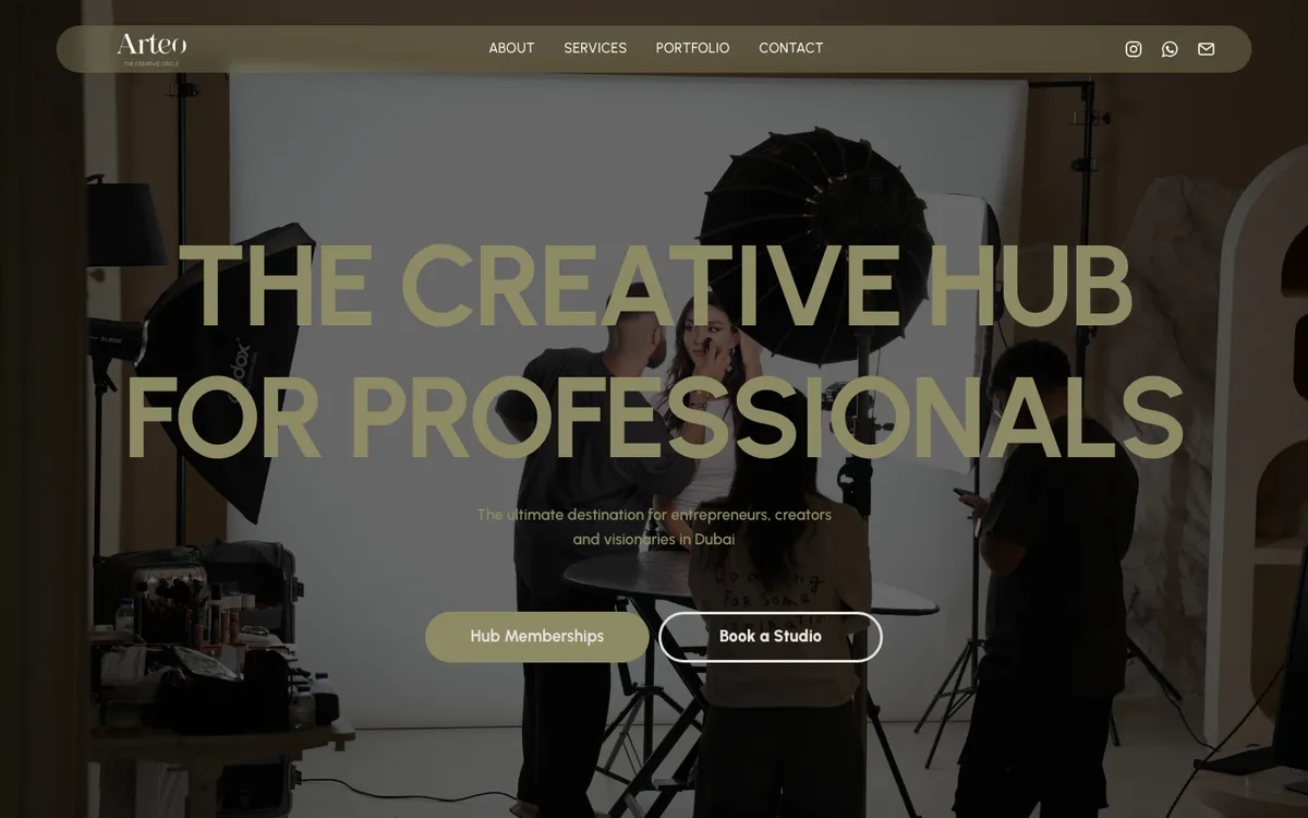 Arteo home page: The Creative Hub for Professionals over a photo shoot in progress