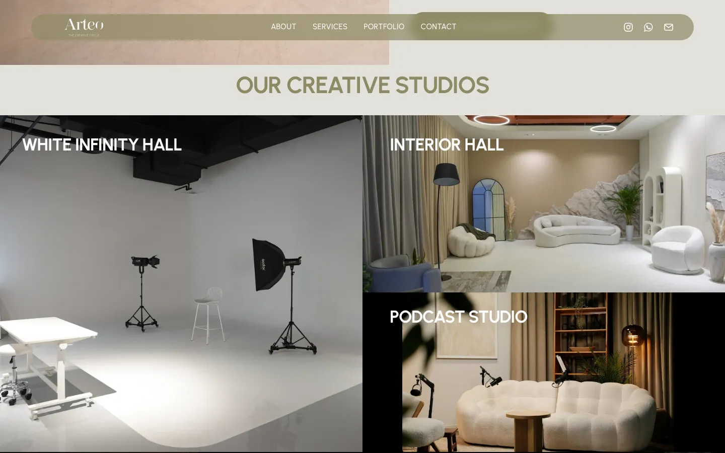Our Creative Studios: the White Infinity Hall, the Interior Hall and the Podcast Studio