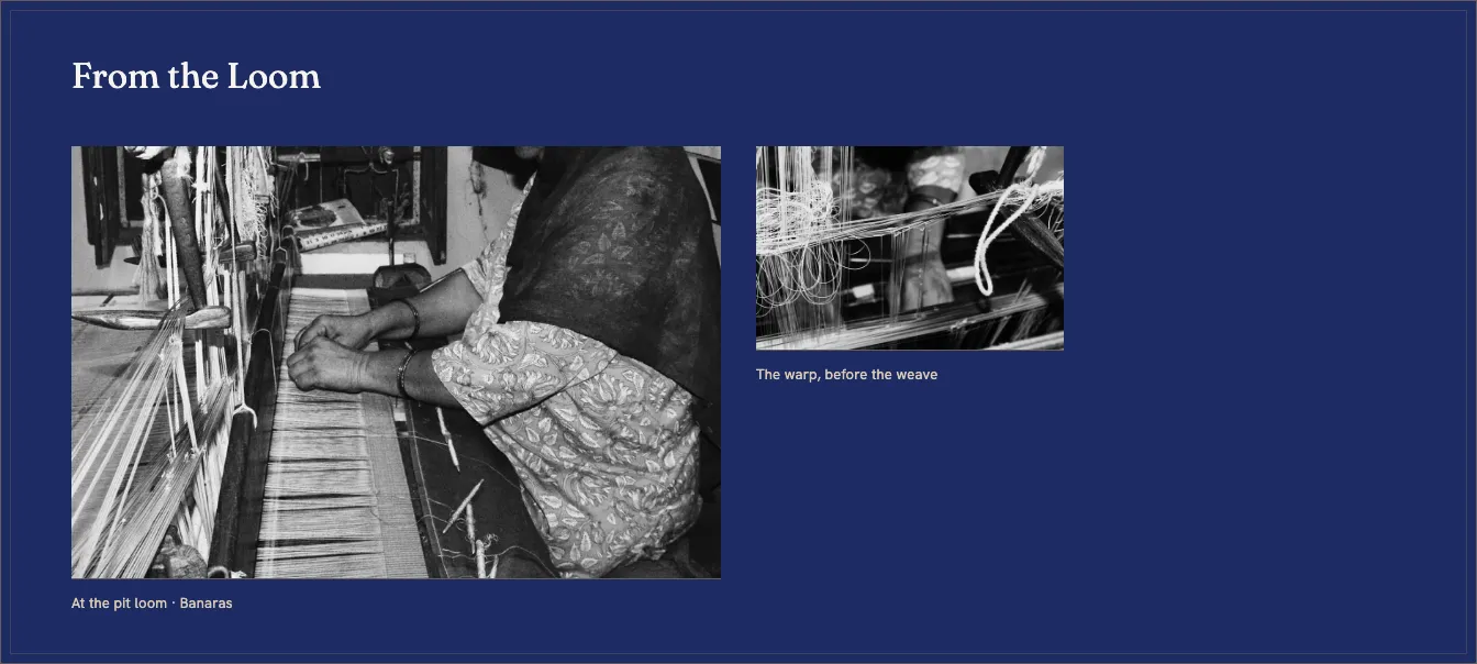 From the Loom: black and white photographs of a weaver at a pit loom in Banaras and of the warp before weaving