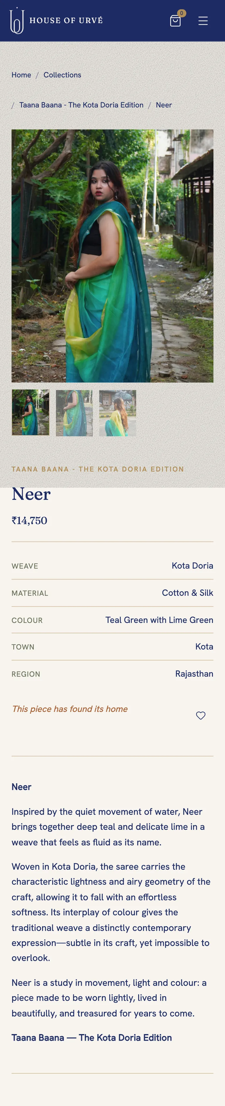 Product page for Neer on a phone: gallery, price, provenance card and the story of the piece