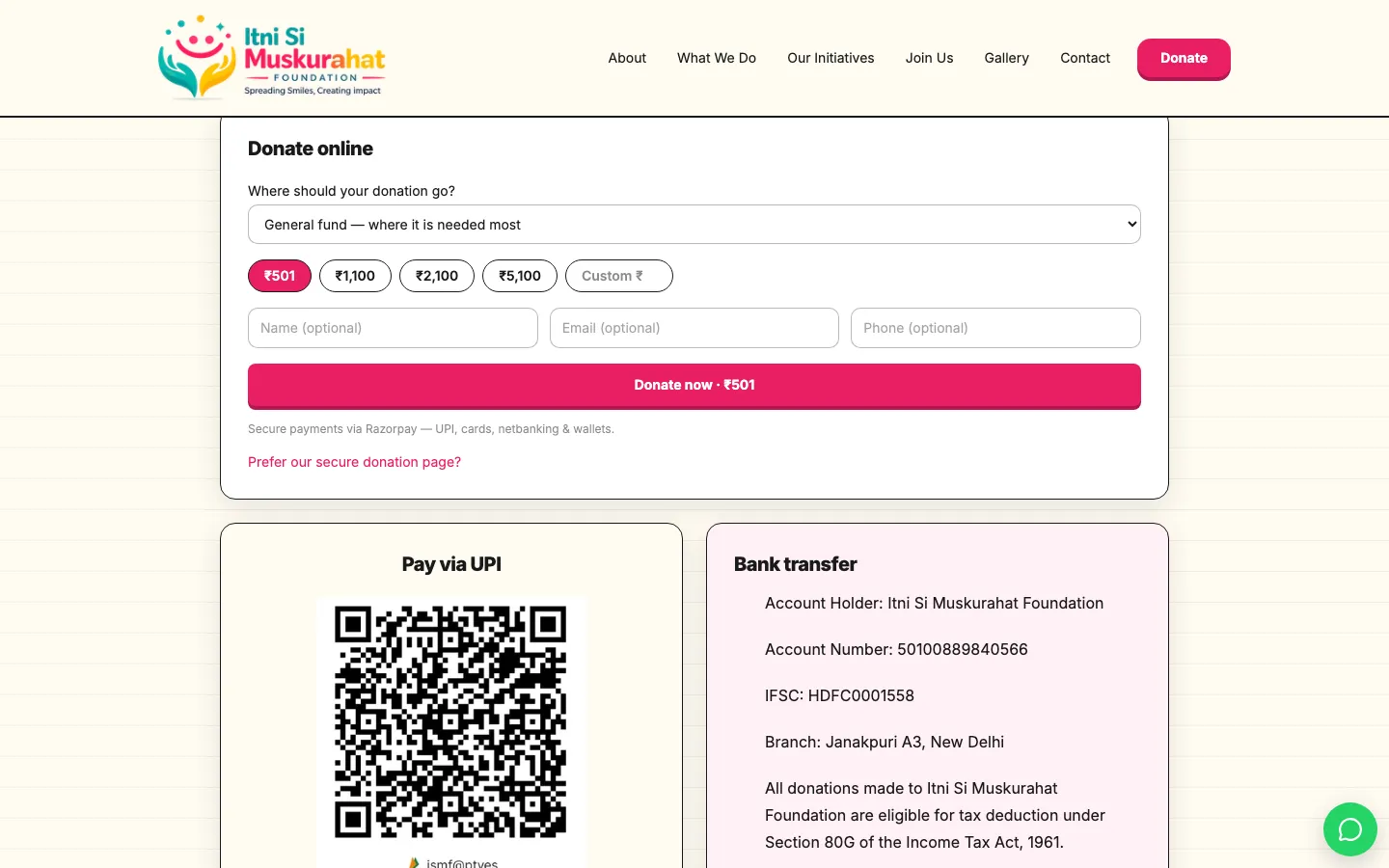 Donate online: choose where the donation goes and an amount, with UPI and bank transfer details beside it