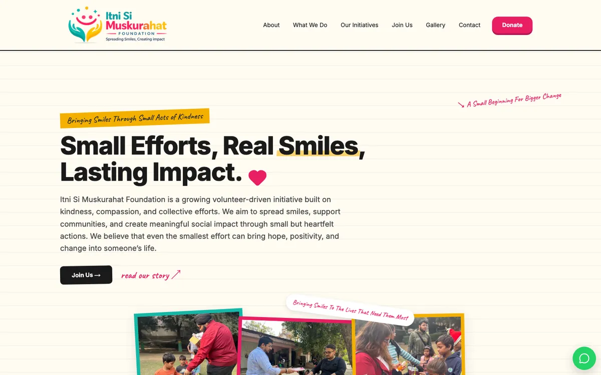 Itni Si Muskurahat home page: Small Efforts, Real Smiles, Lasting Impact, with photos from the field