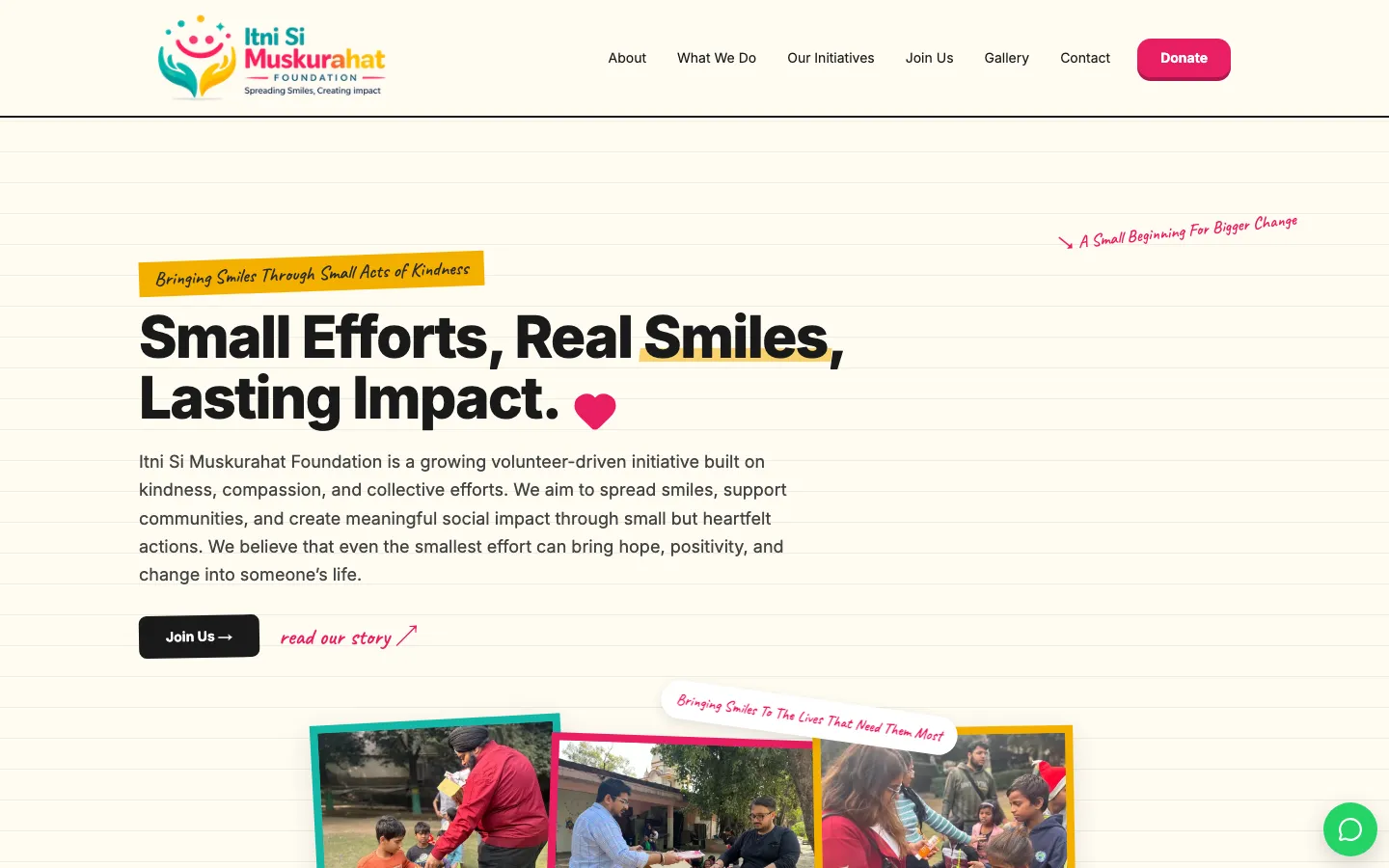 Itni Si Muskurahat home page: Small Efforts, Real Smiles, Lasting Impact, with photos from the field
