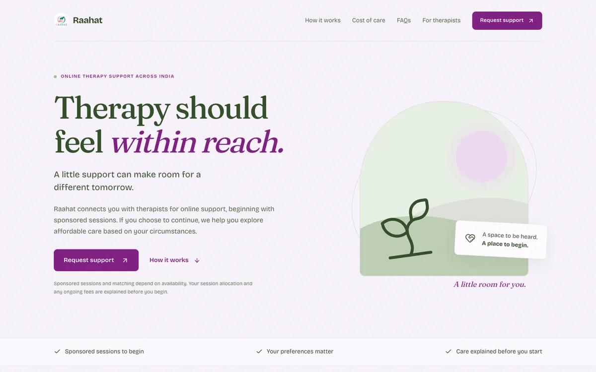 Raahat home page: Therapy should feel within reach, beside an illustration of a seedling