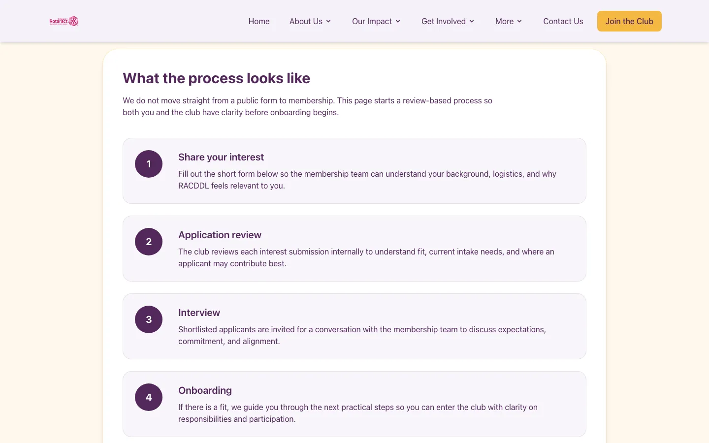 What the process looks like: share your interest, application review, interview and onboarding