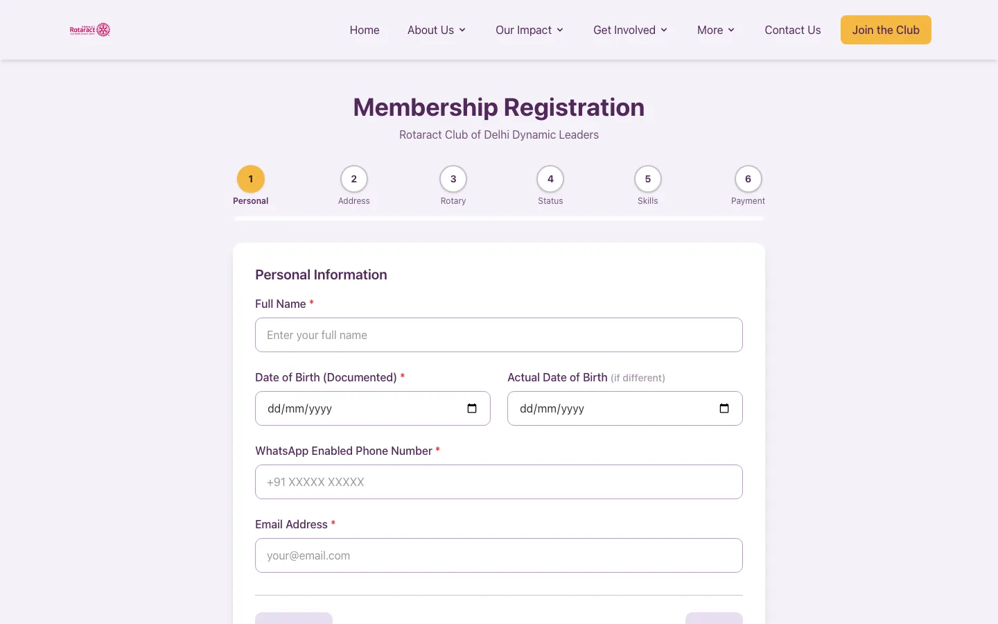 Membership Registration: a six-step form starting with personal information