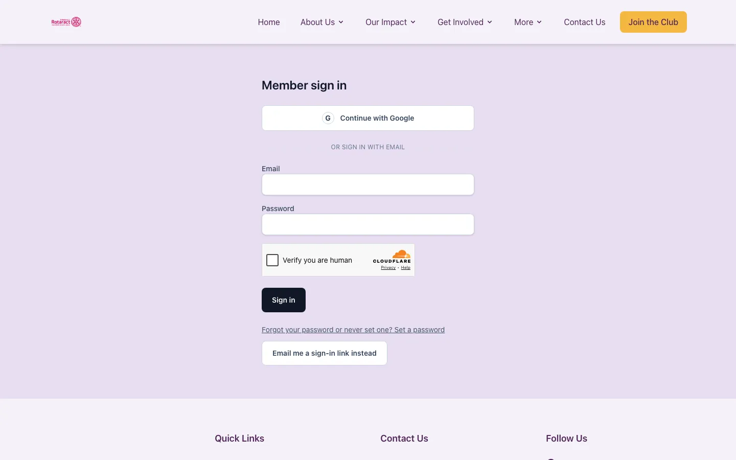 Member sign in: continue with Google, or email and password, with an emailed sign-in link instead