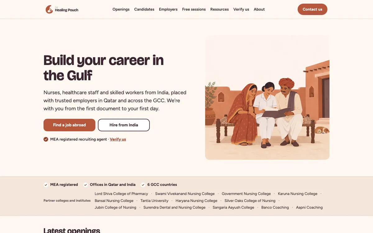 The Healing Pouch home page: Build your career in the Gulf, with an illustration of a family reading together