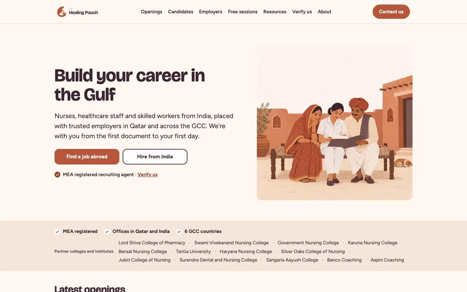 The Healing Pouch home page: Build your career in the Gulf, with an illustration of a family reading together